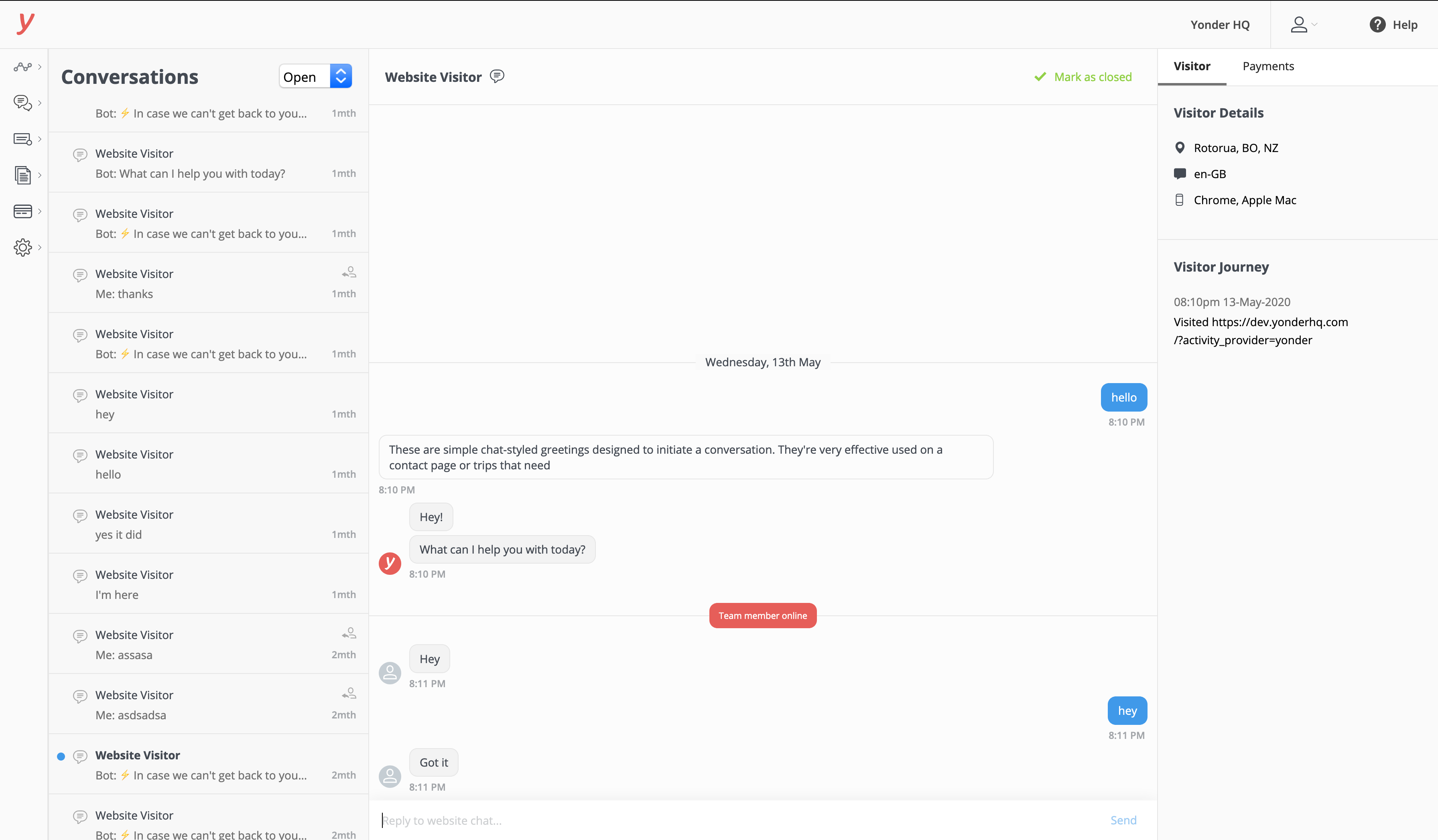 A screenshot of the YonderHQ realtime chat interface
